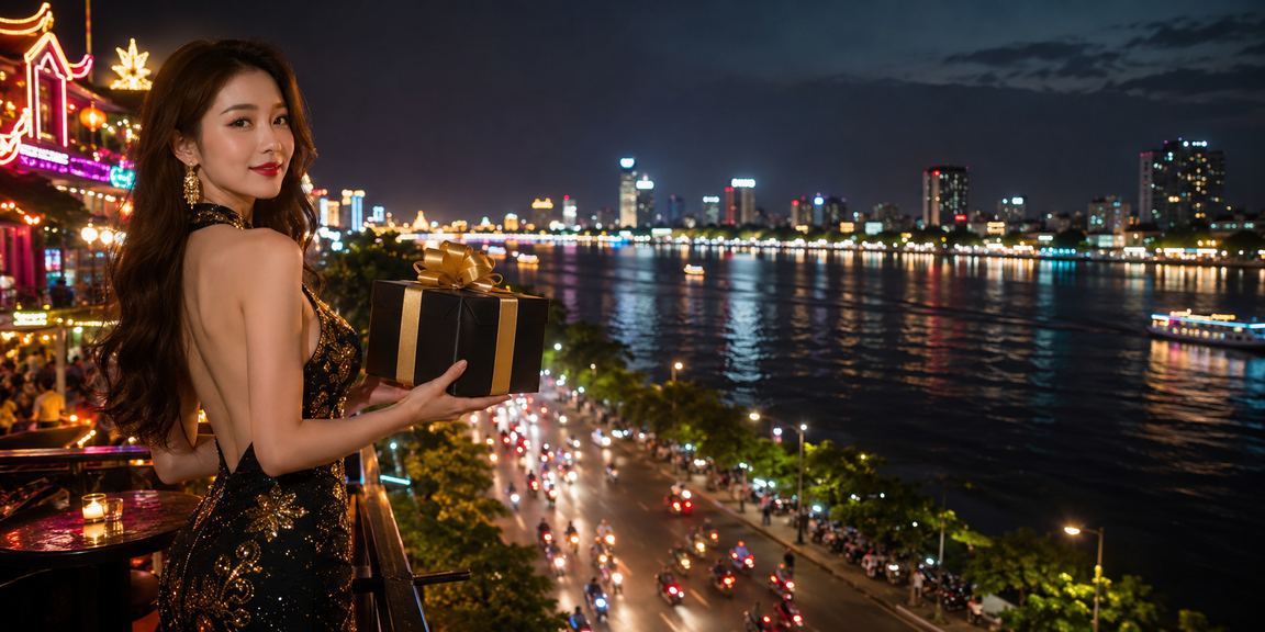 Khung cảnh sông Mekong về đêm, người chơi cá cược trực tuyến trên điện thoại